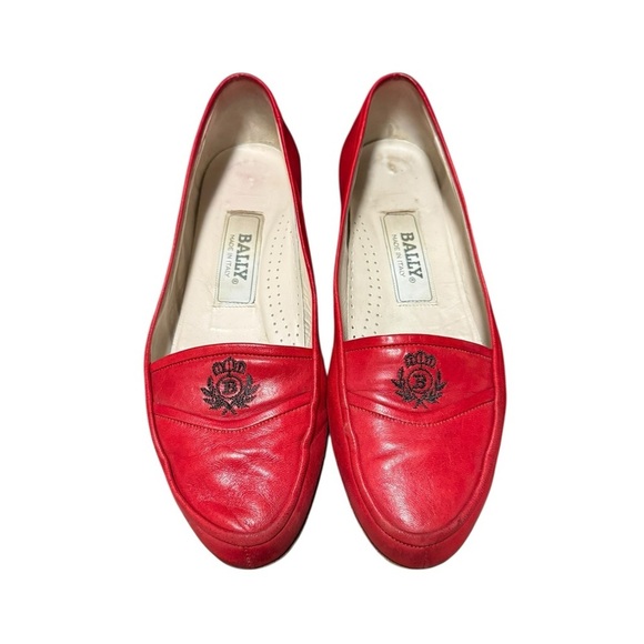 Bally Women's  Red Leather Flat Classic Loafers Size 7 With Box Preppy Logo - Picture 6 of 13